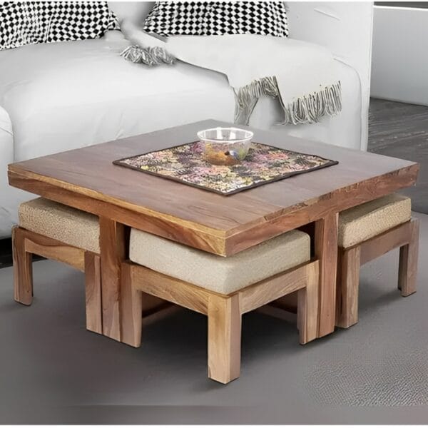 Rustic Teak Solid Wood Coffee Table for Living Room | Pre-Assembled