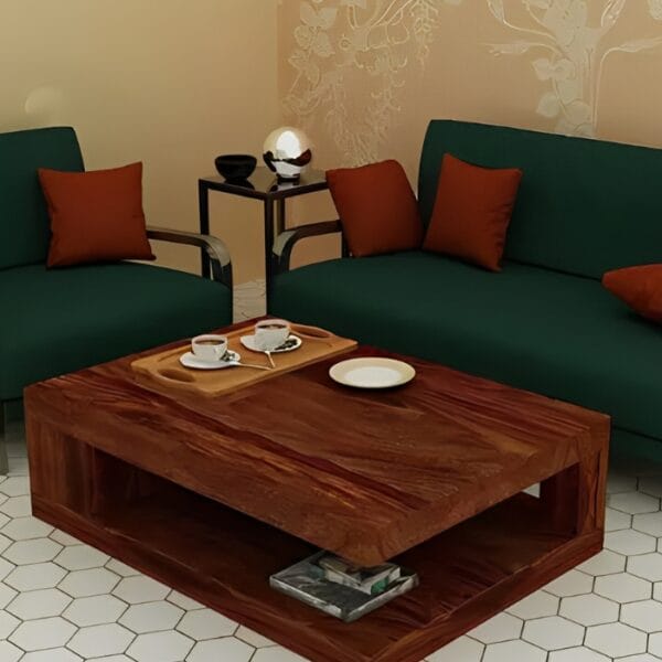 Sheesham wood coffee table with open shelf and modern design for living room