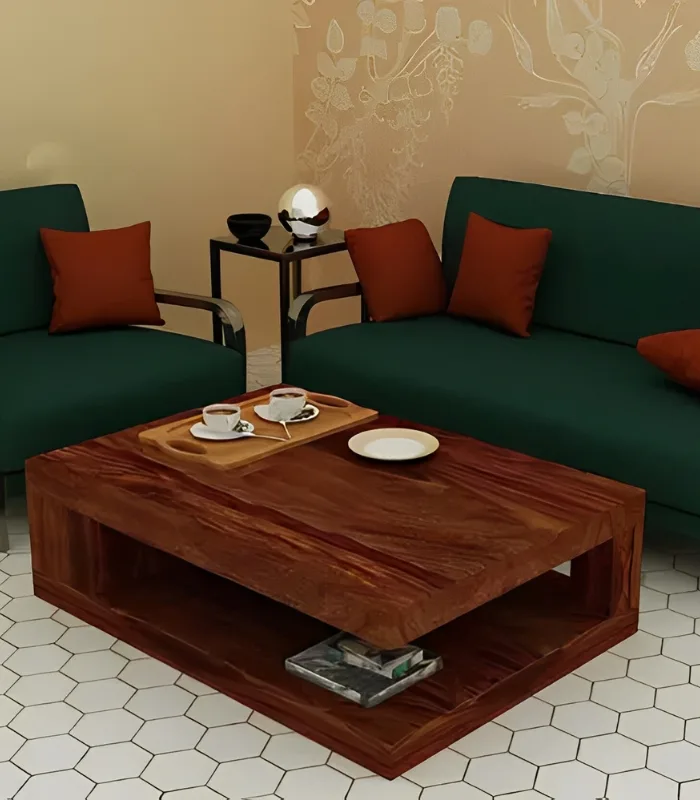 Sheesham wood coffee table with open shelf and modern design for living room
