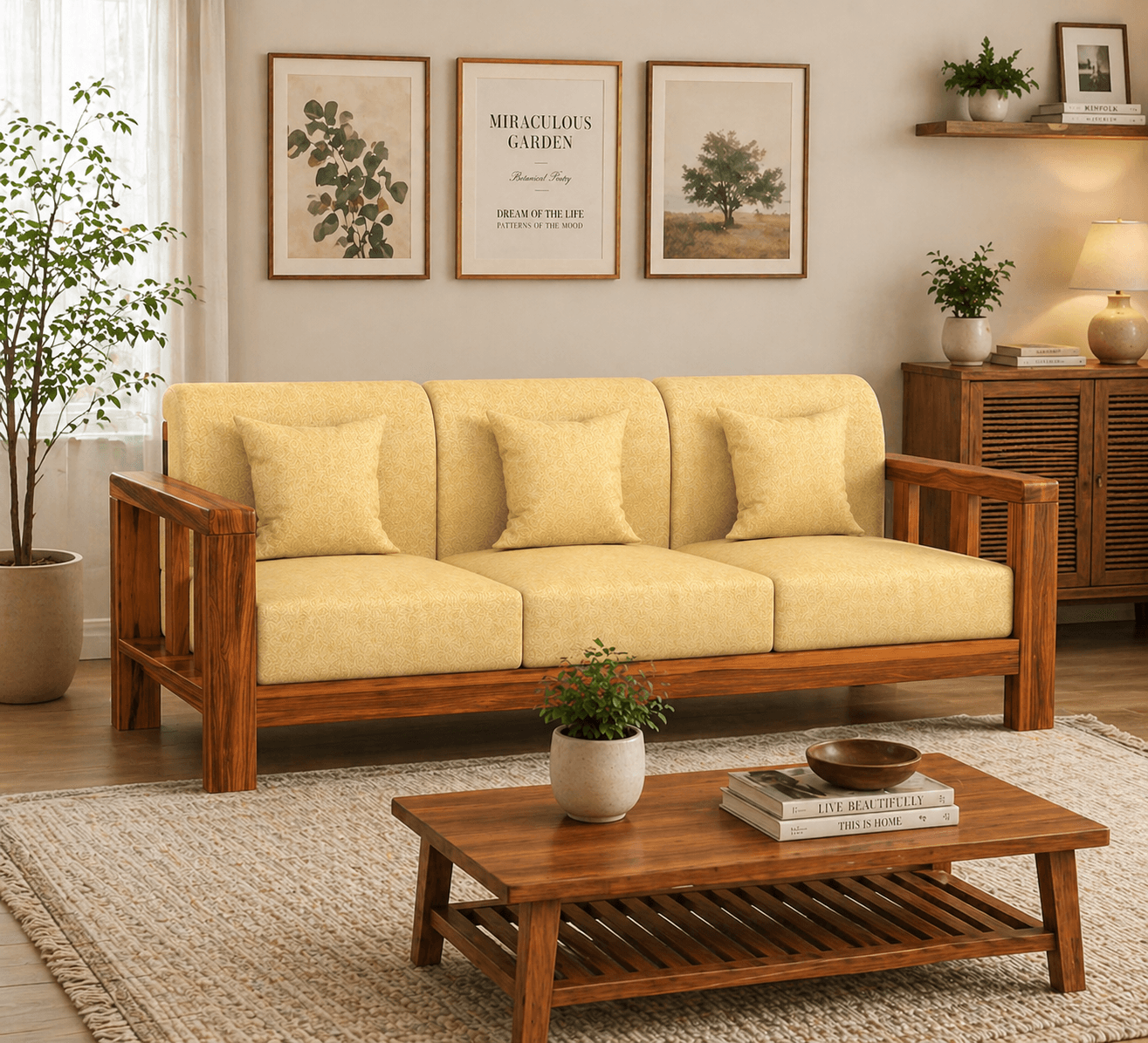 Outer Sofa Set 3 Seater Sheesham Wood with Cream Cushions