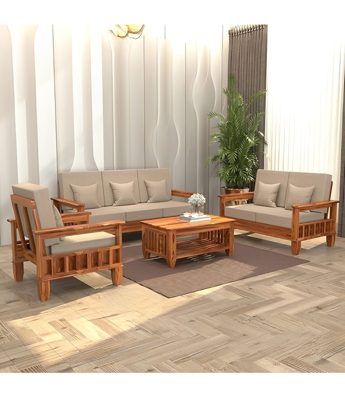 Sheesham Wood Sofa Set with Beige Cushions