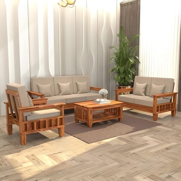 Sheesham Wood Sofa Set with Beige Cushions