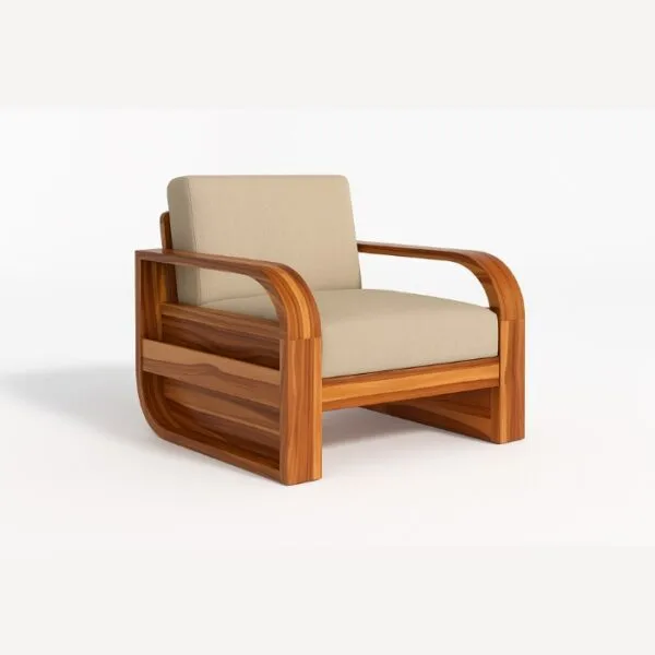 Solid Sheesham Wood Armchair with Beige Cushion – Modern and Elegant Wooden Chair by Laxmi Furniture