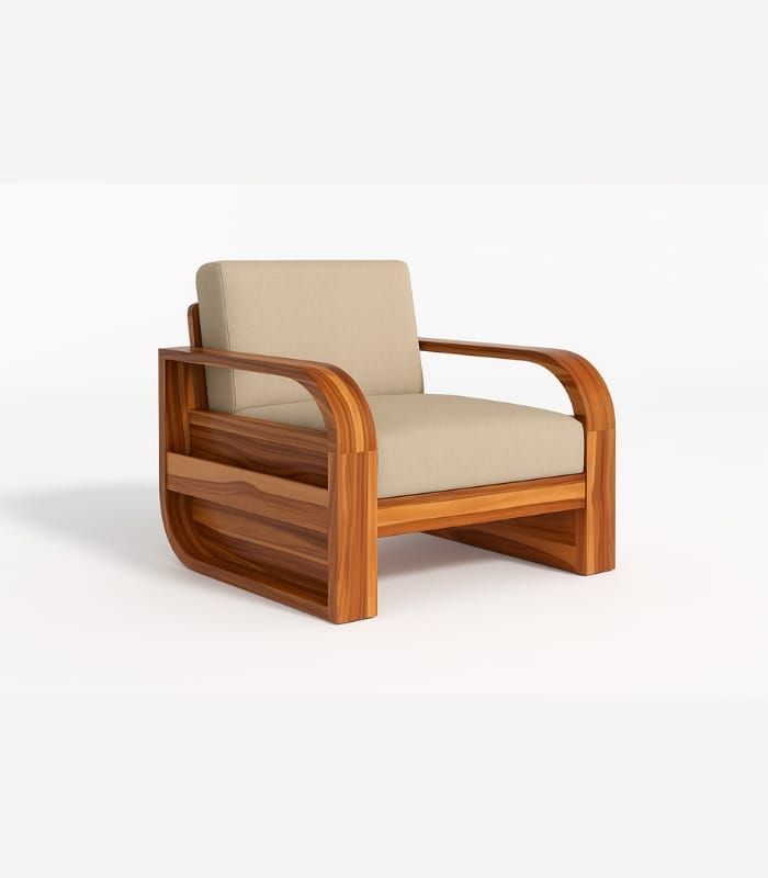 Solid Sheesham Wood Armchair with Beige Cushion – Modern and Elegant Wooden Chair by Laxmi Furniture