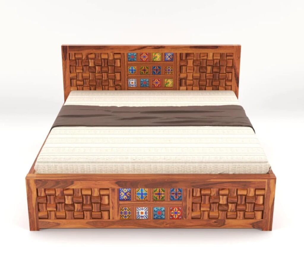 Sheesham wood bed with tile work design