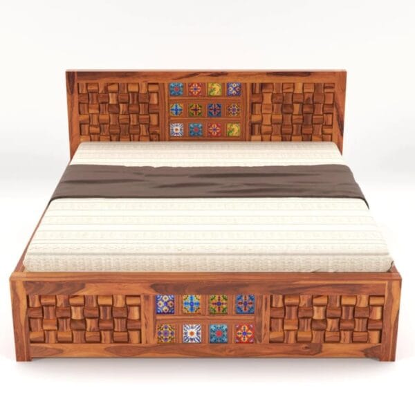 Sheesham Wood Designer Double Bed with Handcrafted Tile Work | Luxmi Furniture