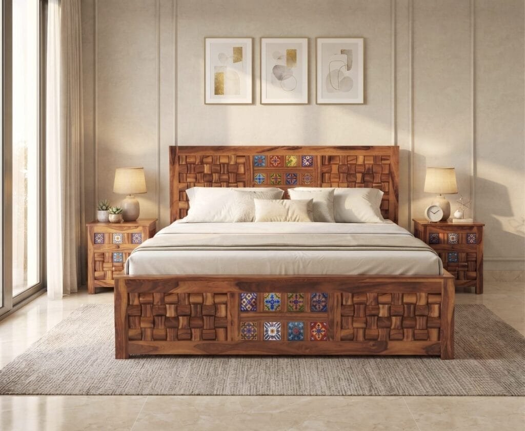 Sheesham Wood Bed with tile work - honey finish
