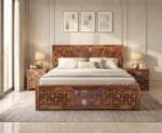 Sheesham Wood Bed with tile work - honey finish