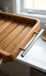 Handmade solid wooden serving tray with metal handles for tea and coffee serving