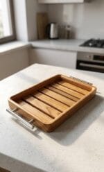 Handmade solid wooden serving tray with metal handles for tea and coffee serving