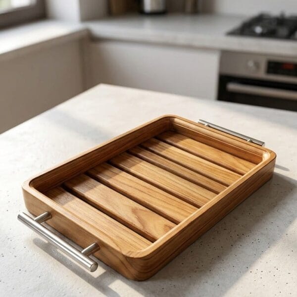 Handmade solid wooden serving tray with metal handles for tea and coffee serving