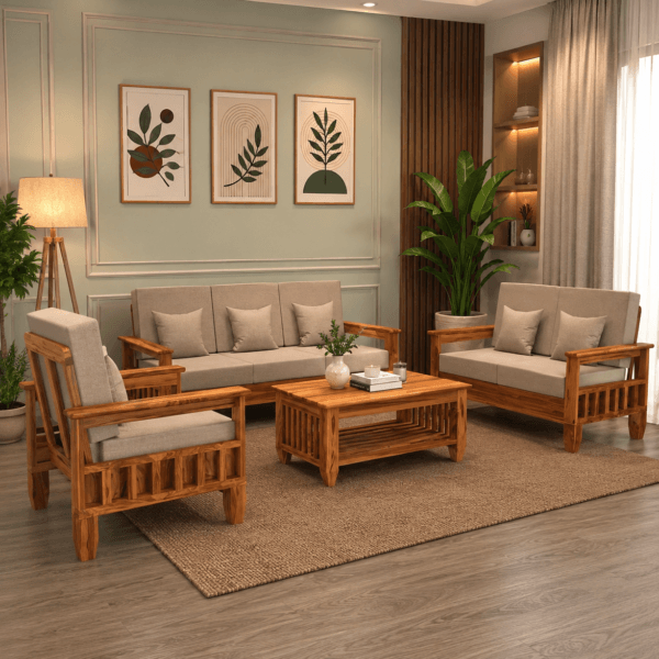 Sheesham Wood Sofa Set 3+2+1 Seater Solid Wood Natural Finish Laxmi Furniture