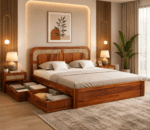 sheesham wood double bed with storage drawers in bedroom setup