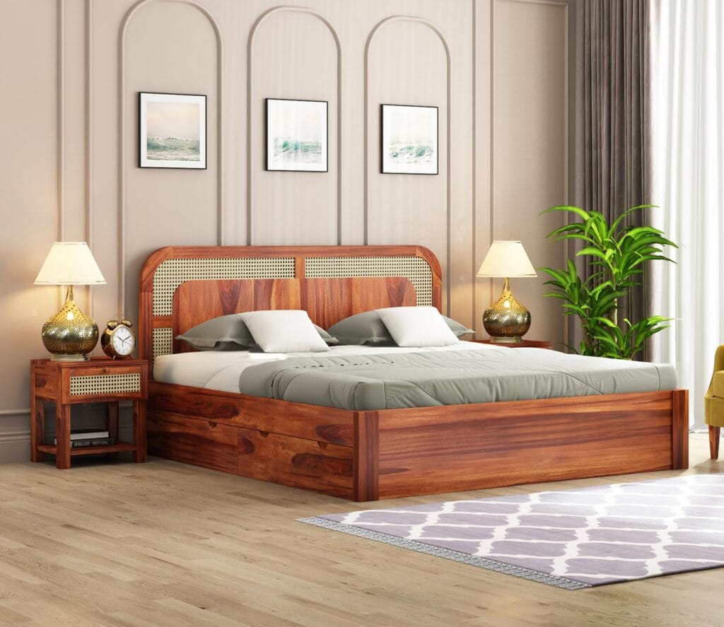 sheesham wood king size bed with drawer storage rattan cane headboard honey finish