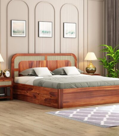 sheesham wood king size bed with drawer storage rattan cane headboard honey finish