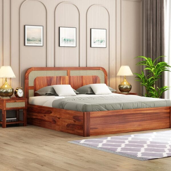 sheesham wood king size bed with drawer storage rattan cane headboard honey finish