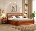 sheesham wood double bed with storage drawers front view