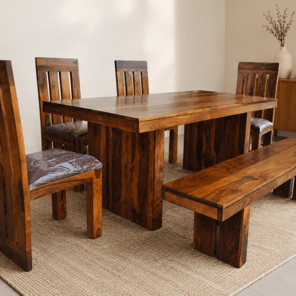 Sheesham wood dining table 6 seater set with 4 chairs and bench