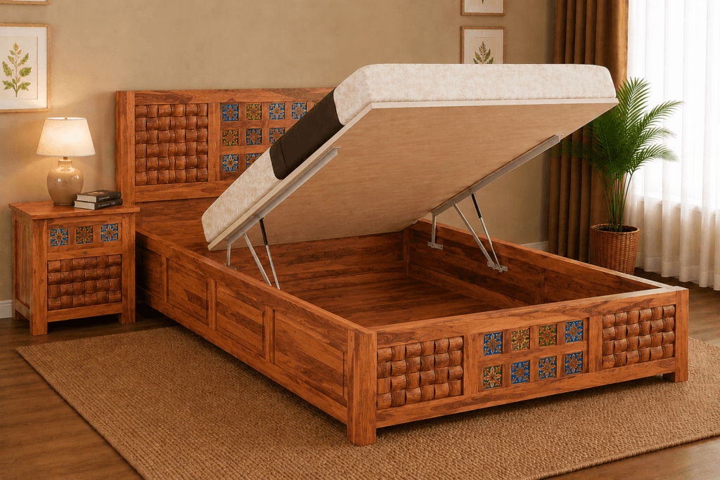 Sheesham Wood Hydraulic Storage Bed with Gas Lift Storage - Laxmi Furniture