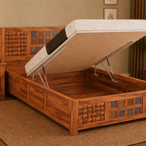 Sheesham Wood Hydraulic Storage Bed with Gas Lift Storage - Laxmi Furniture