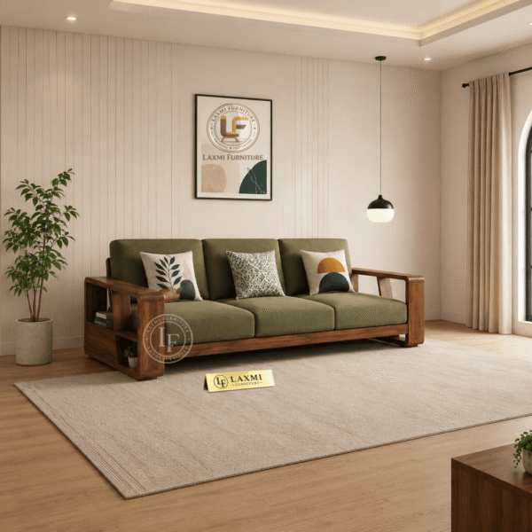 3 Seater Sheesham Wood Sofa Olive Green - Laxmi Furniture