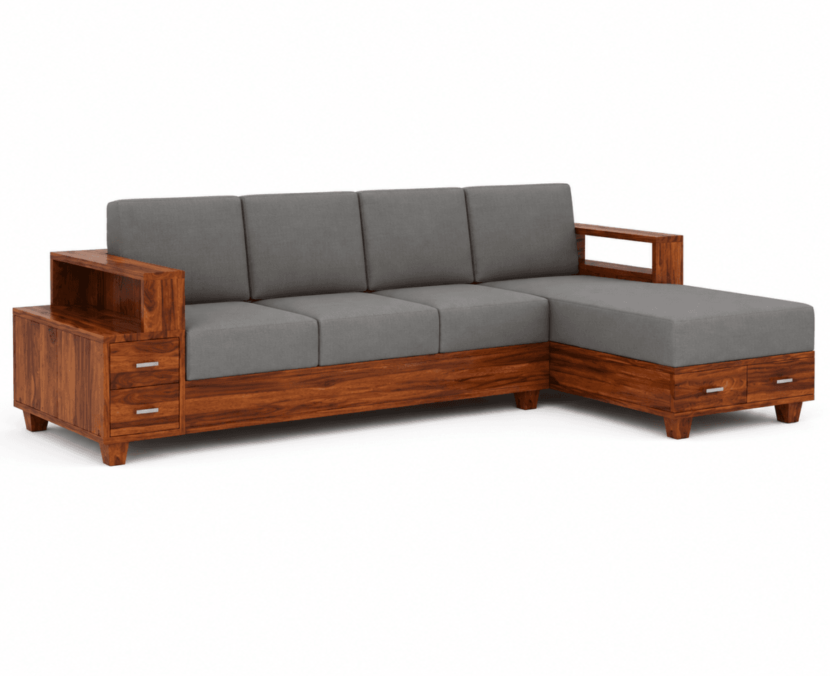 L Shape Sofa Built-in Storage Drawer Sheesham Wood