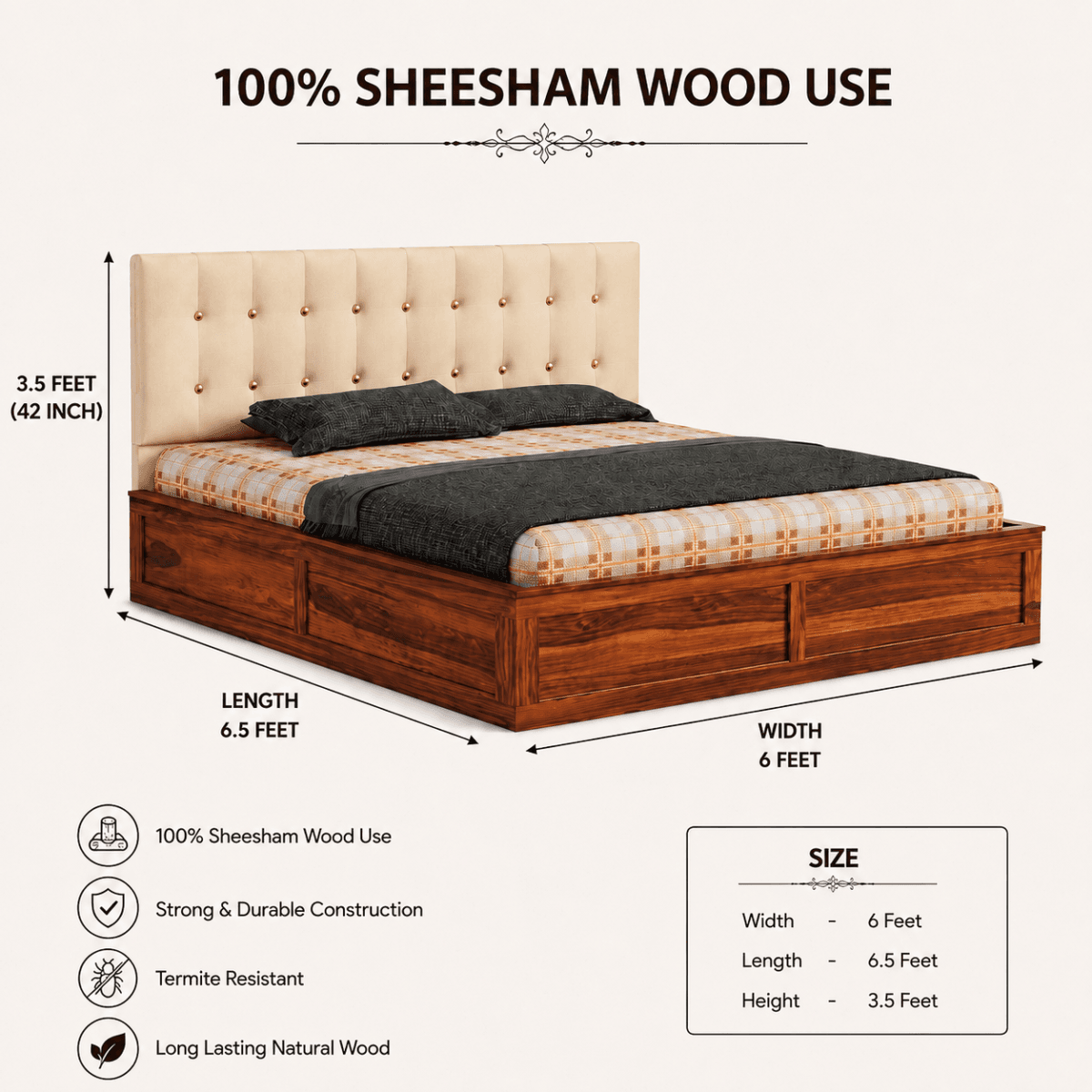 sheesham wood king size storage bed front view
