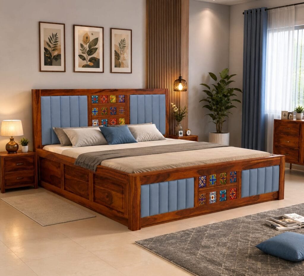 Sheesham Wood Storage Bed with Tile Design