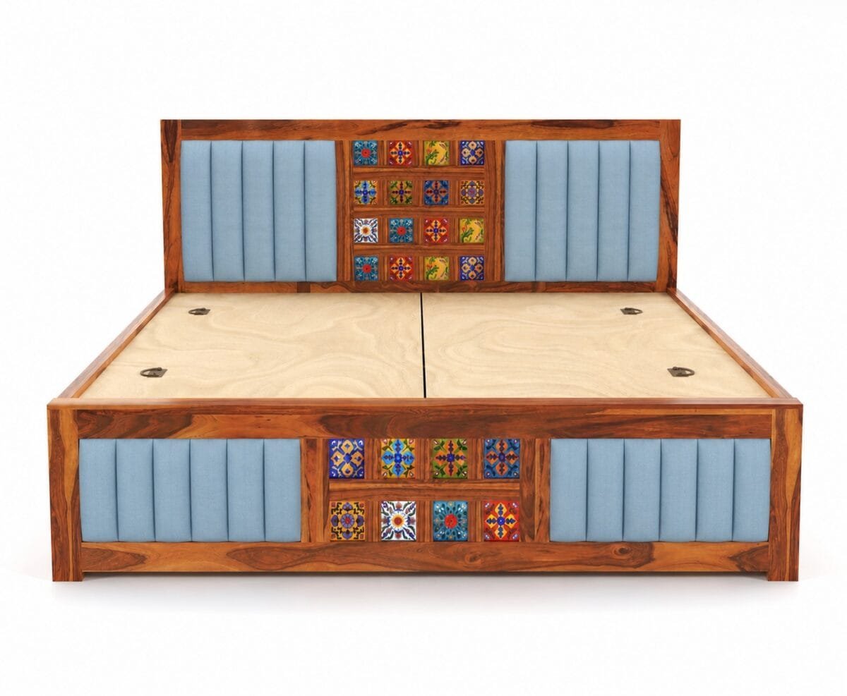 Tilora Sheesham Storage Bed – Solid Wood King Size Bed with Tile Inlay & Velvet Cushion - Image 4