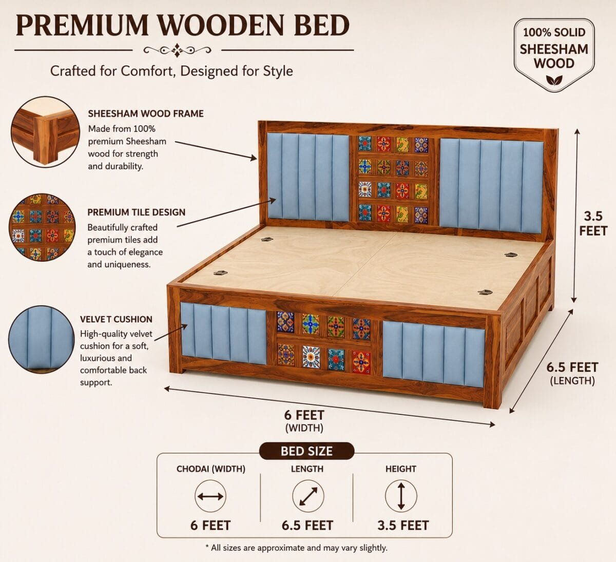 Tilora Sheesham Storage Bed – Solid Wood King Size Bed with Tile Inlay & Velvet Cushion - Image 3