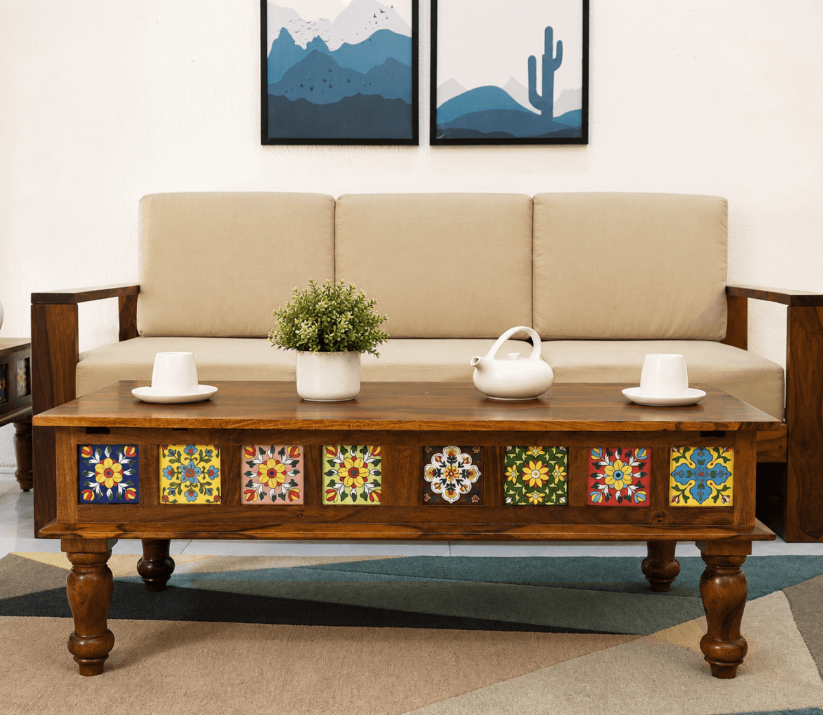 Sheesham wood coffee table with storage - honey finish