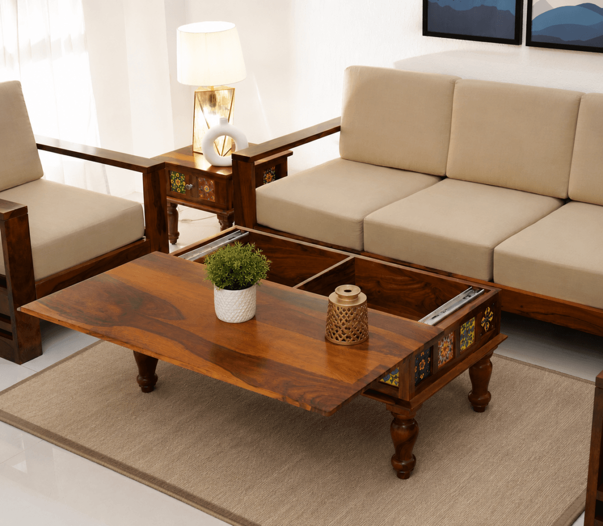Ceramic tile top of sheesham wood coffee table