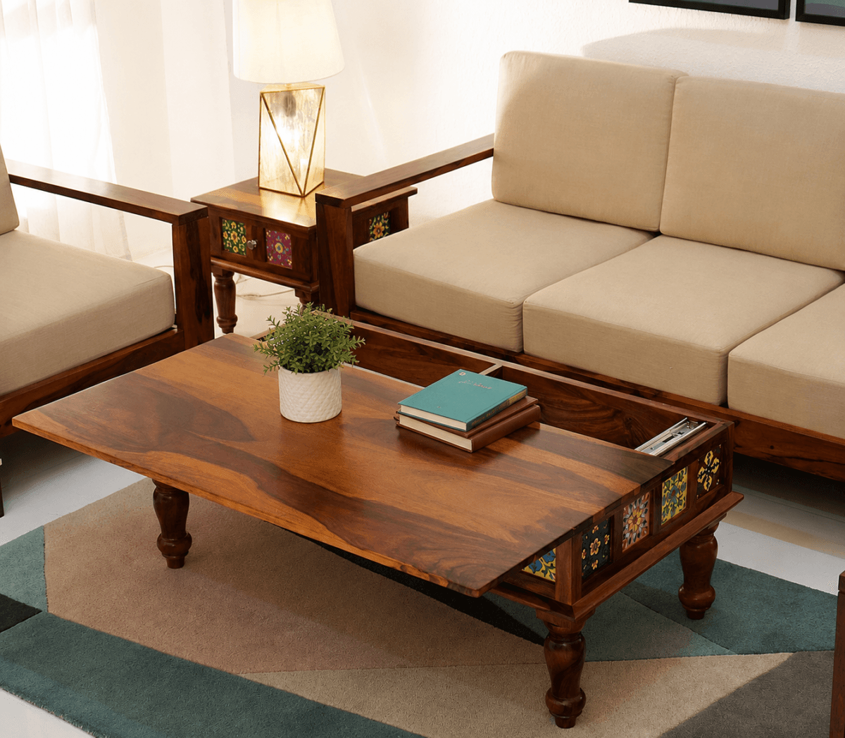 Sheesham wood coffee table storage compartment open