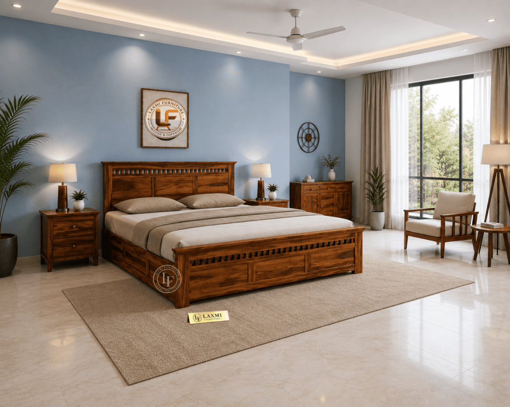 Sheesham Wood Bed with Storage - Kuber Bed Front View