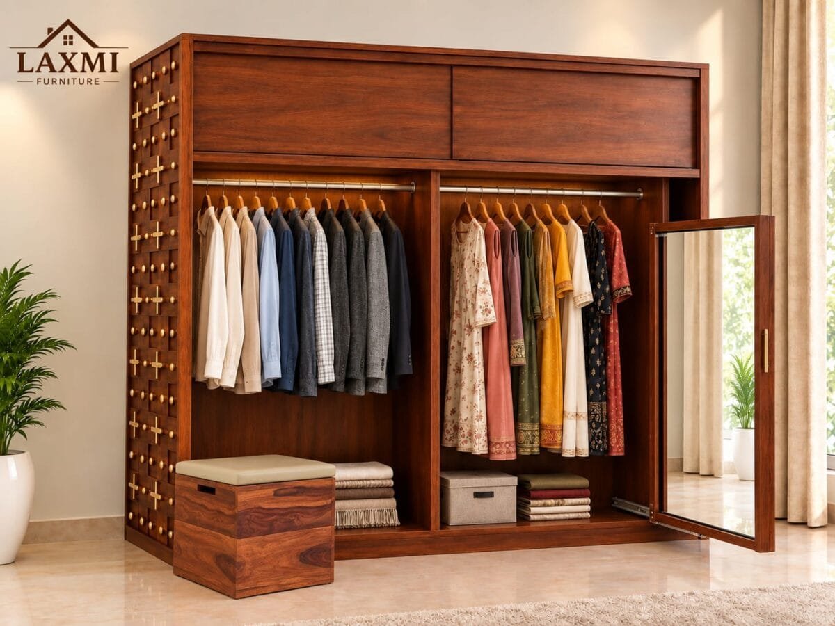 Sheesham Wood Sliding Almari with Brass Design - Image 3
