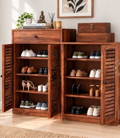 Sheesham Wood Shoe Rack Cabinet with Open Doors - Laxmi Furniture