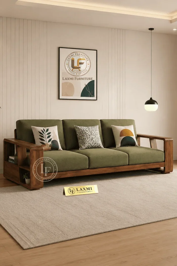 Olive green 3 seater Sheesham wood sofa - Laxmi Furniture