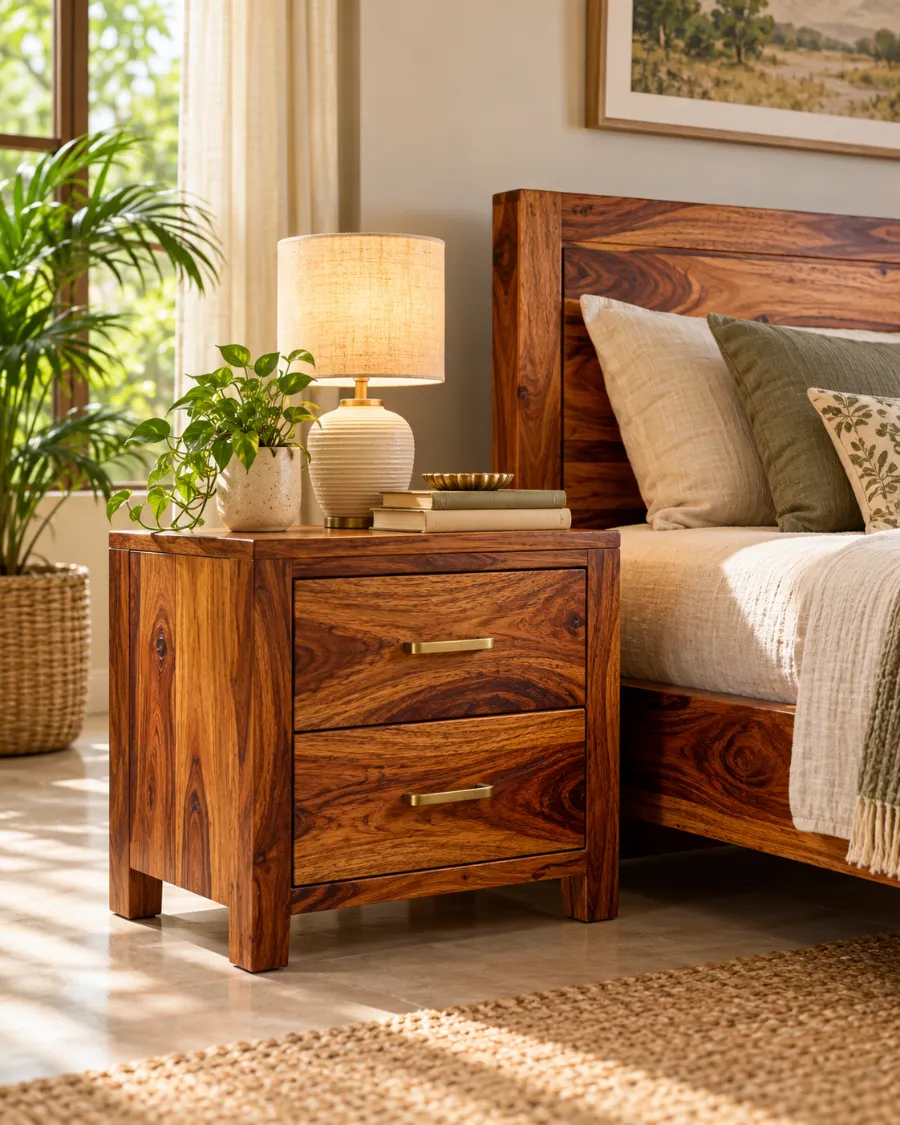 Handcrafted Sheesham wood bedside table in a cosy bedroom - Laxmi Furniture